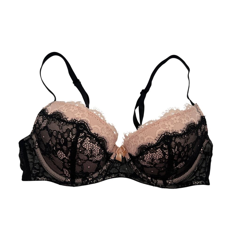 Adore Me Bra Lace Push Up Demi Padded Underwire Back Closure Black Pink 32C